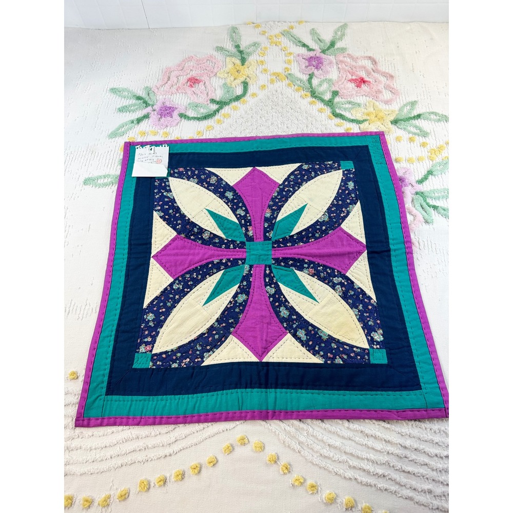 Vintage 1986 Handmade Mini Quilt Patchwork Wall Hanging Upcycled Retro 24x24